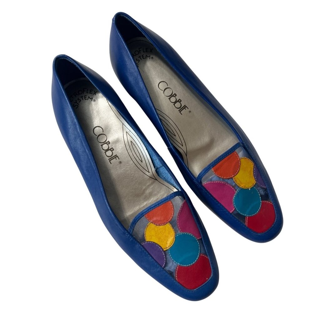 Vintage Cobbie Blue Leather Loafers With Colorful Circle Design